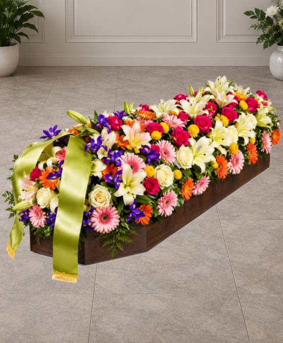 Cofano funebre con fiori di stagione, composizione allungata per il coperchio del feretro